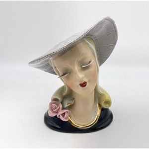 Vtg Lady Head Vase Ceramic Ucagco Japan Gray Hat Long Blonde Hair Flowers READ